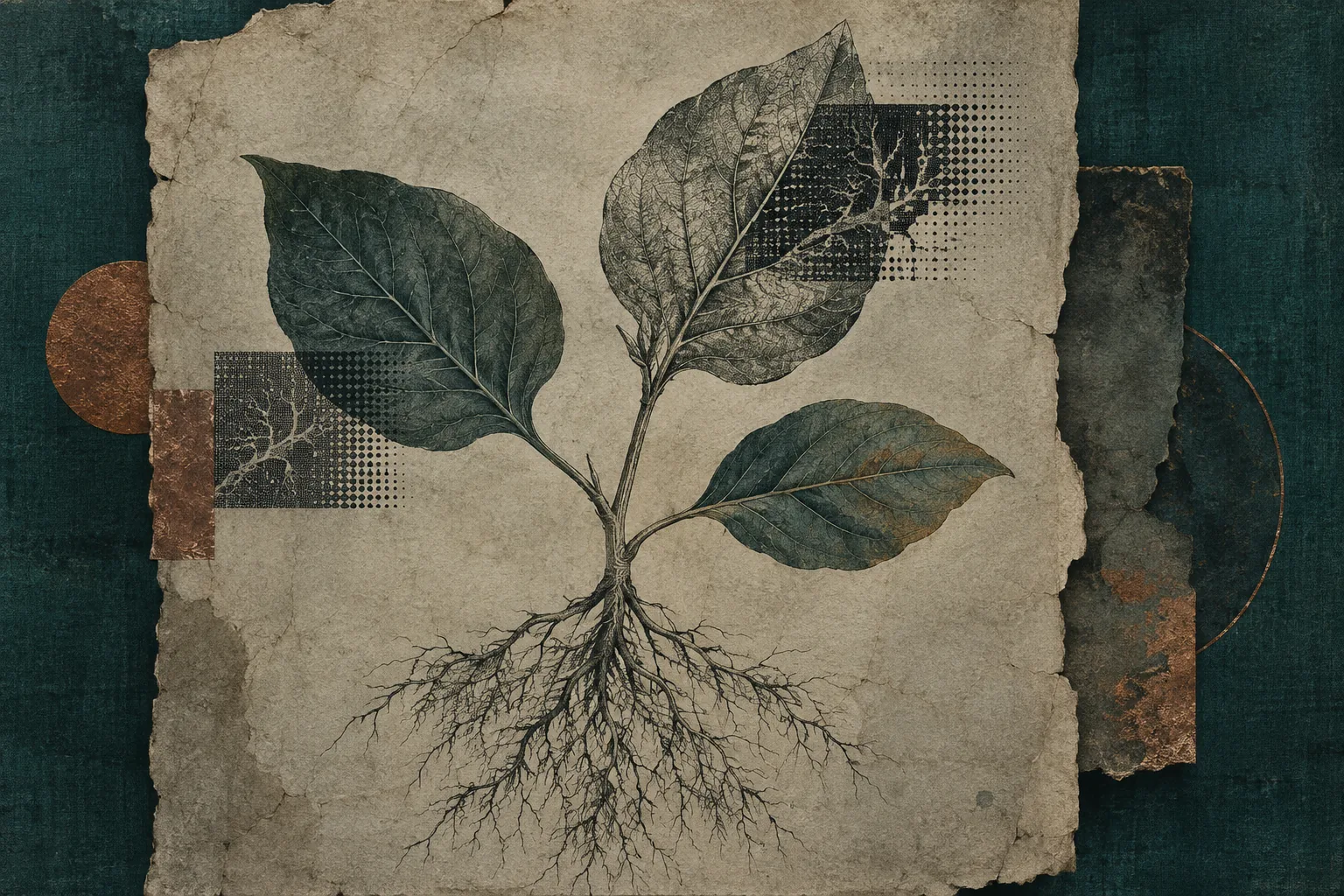 An engraved botanical specimen with branching roots on worn paper and deep teal linen