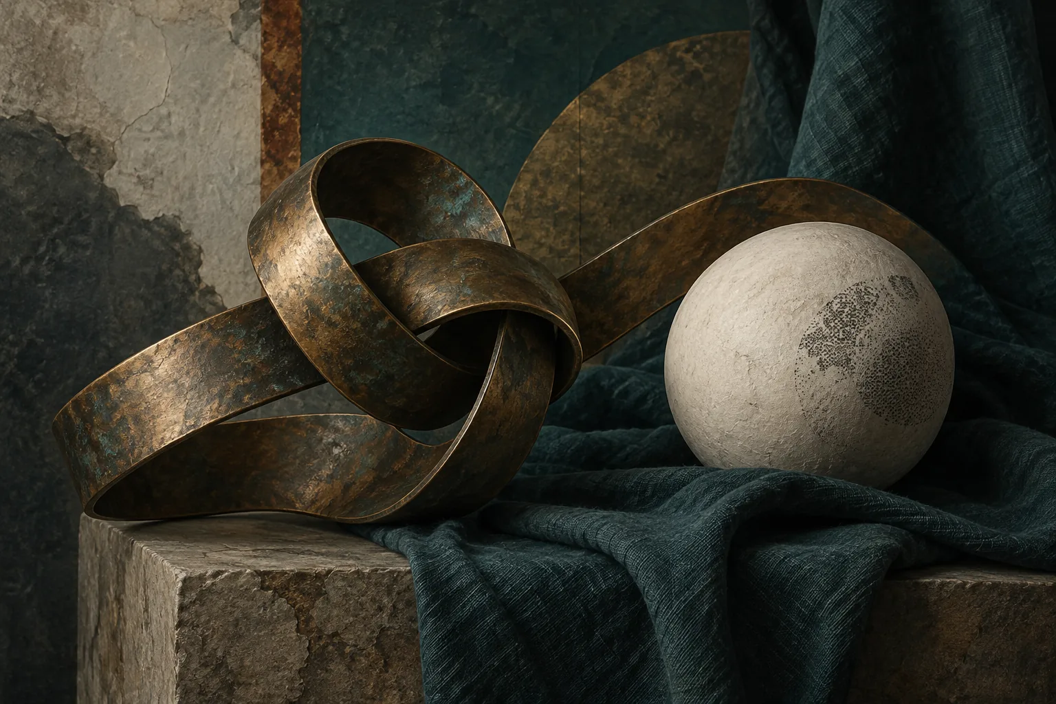 An interwoven bronze ribbon and ivory sphere rest on a stone plinth against textured teal linen
