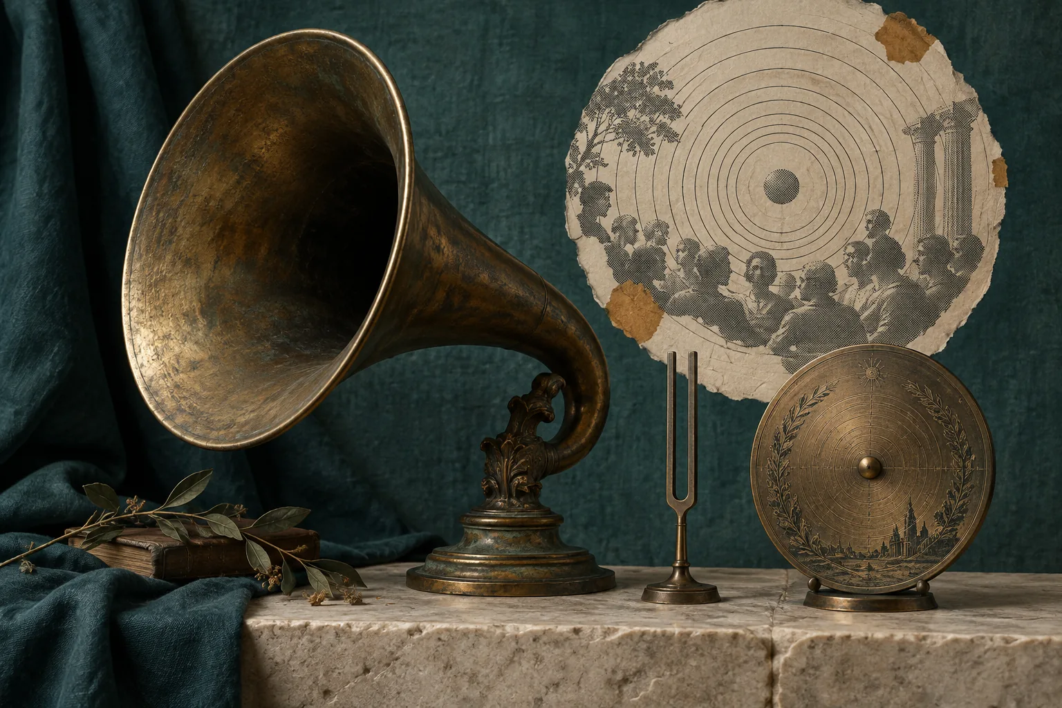 An antique bronze acoustic horn and engraved resonator beside a paper collage of people gathering in concentric sound waves