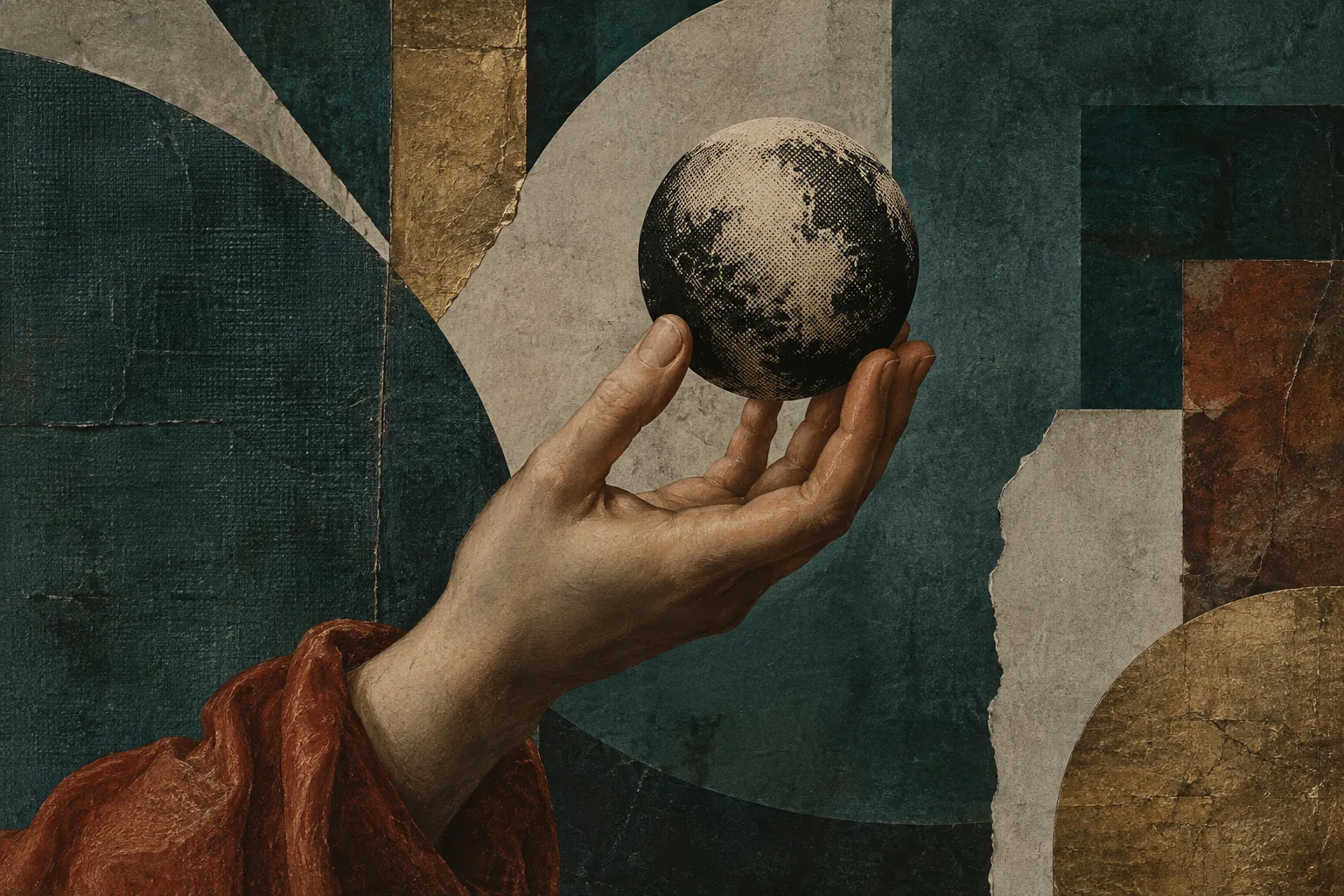A painted hand holds a halftone sphere against layered teal, parchment and ochre paper