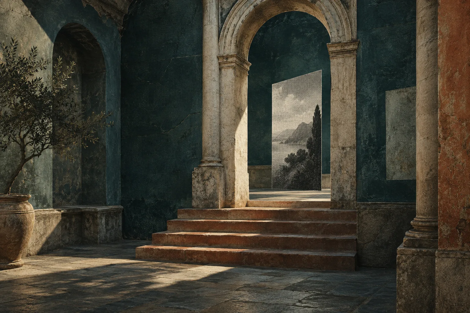 A halftone landscape opens through a weathered stone arch, surrounded by deep teal plaster and terracotta steps