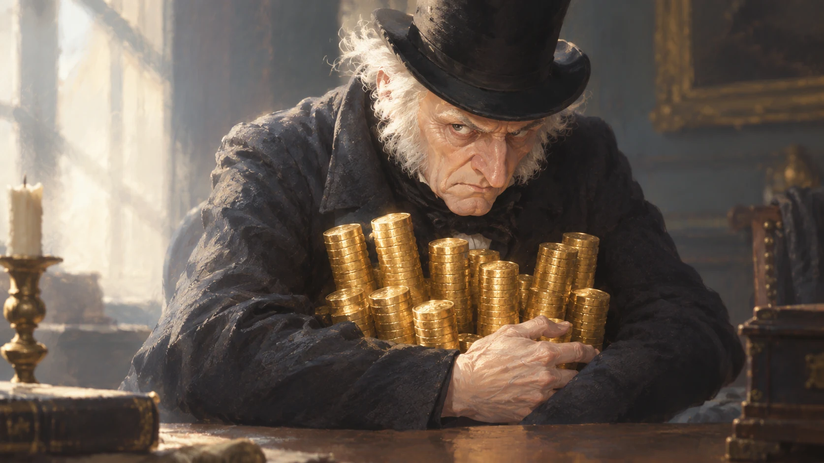 An elderly man in a top hat holding stacks of gold coins beside a sunlit window
