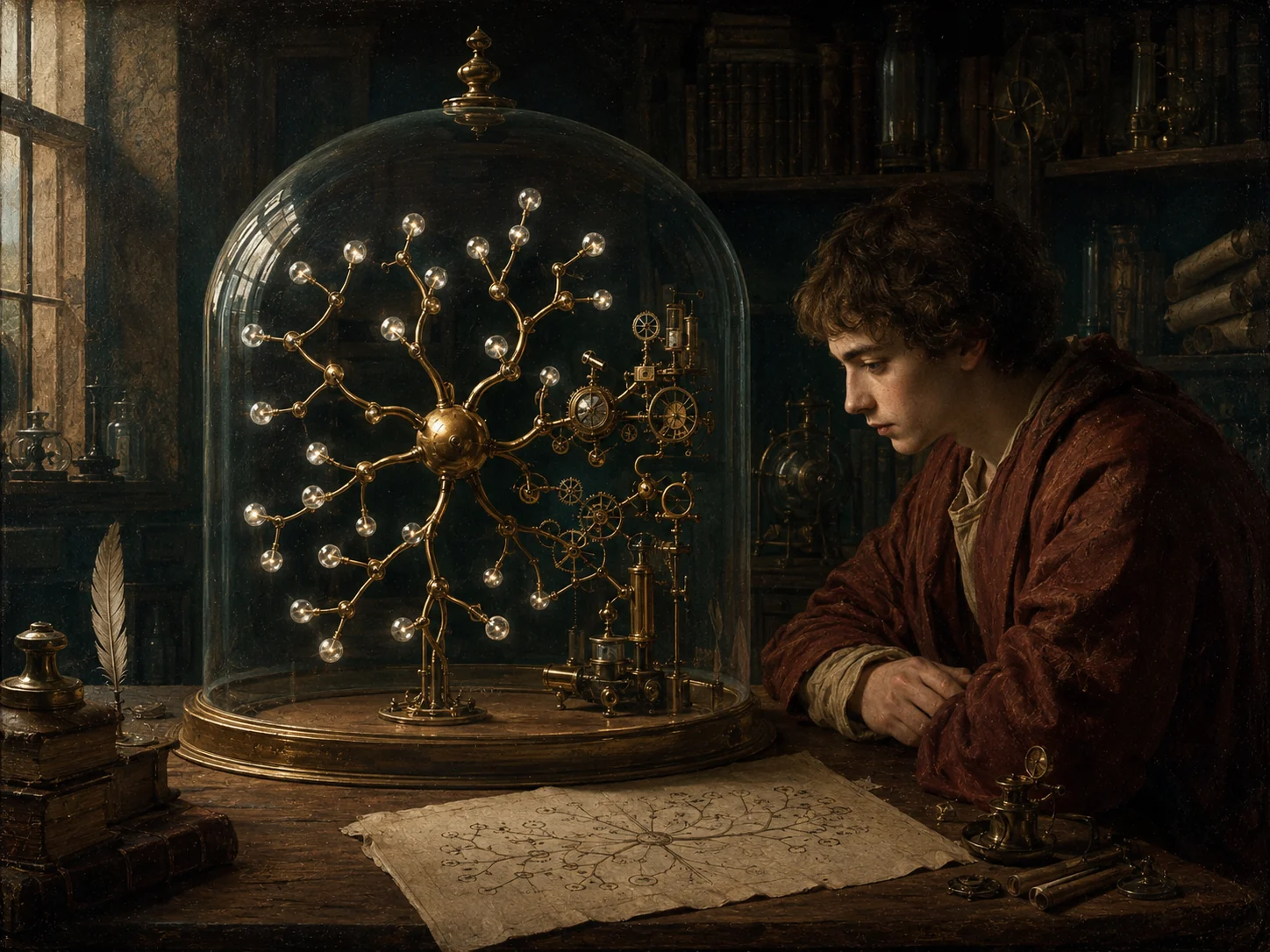 A founder studying a branching brass conversation tree beneath a glass dome