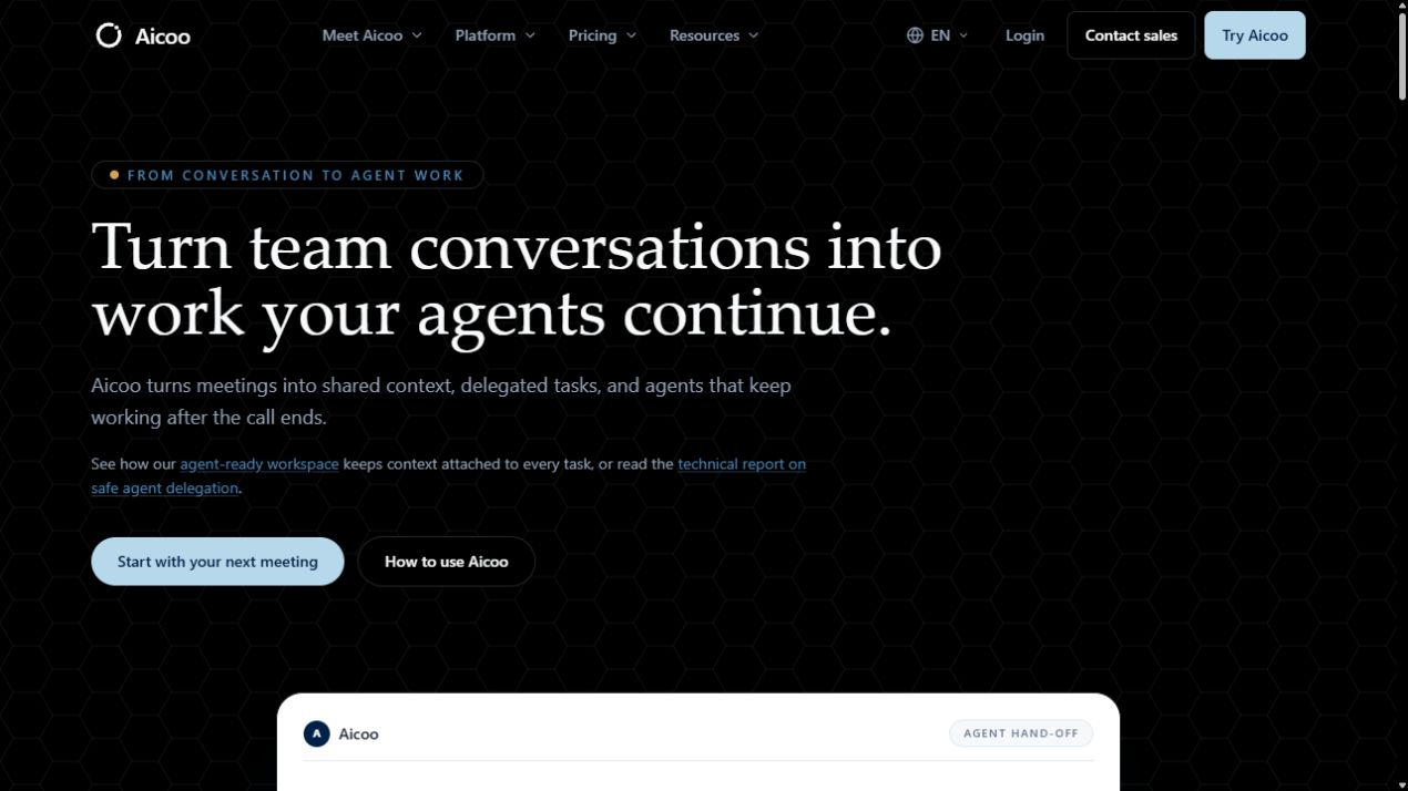 Aicoo homepage about turning team conversations into continuing agent work