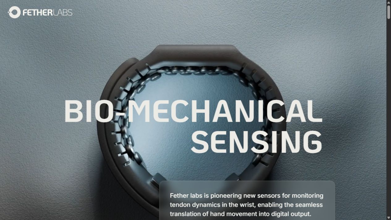 Fether Labs homepage presenting its bio-mechanical sensing wristband
