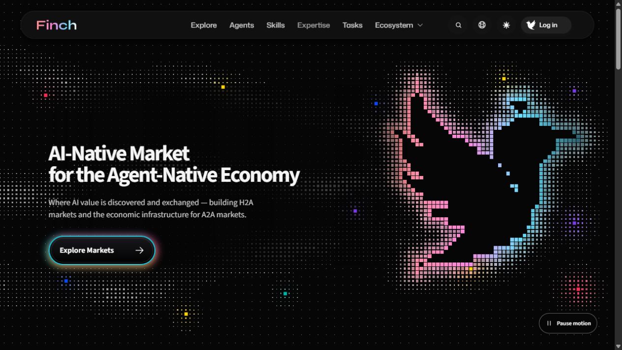 Finch homepage presenting its marketplace for the agent-native economy
