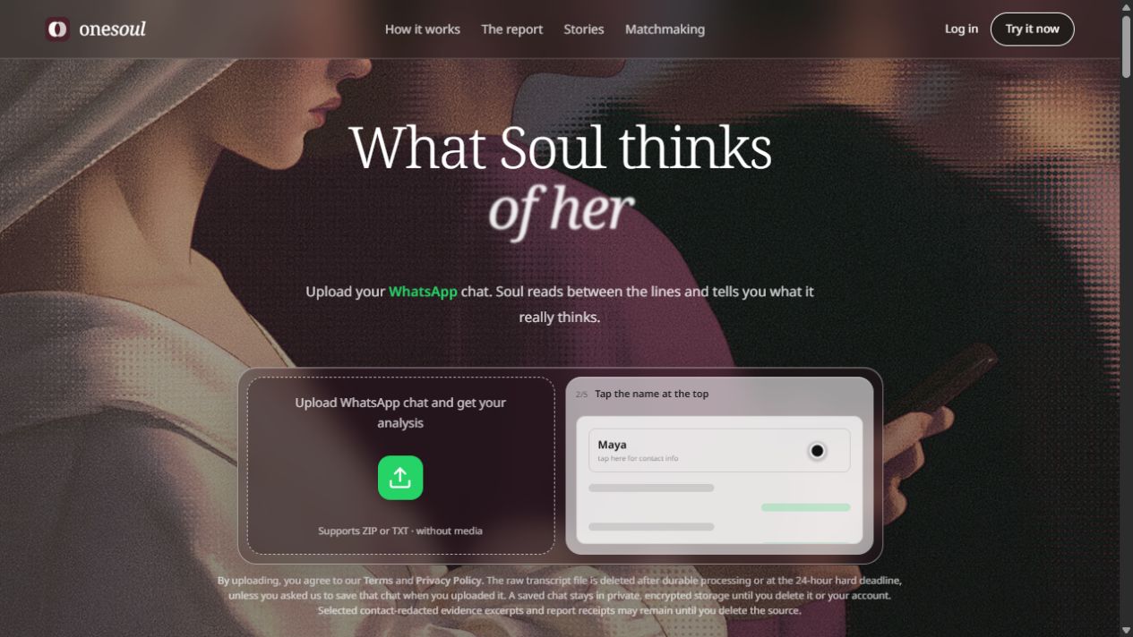 OneSoul homepage presenting its AI relationship companion