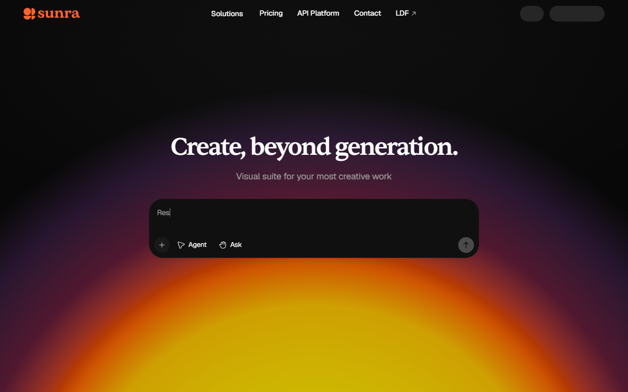 Sunra homepage presenting its AI workspace for images, videos and creative tools