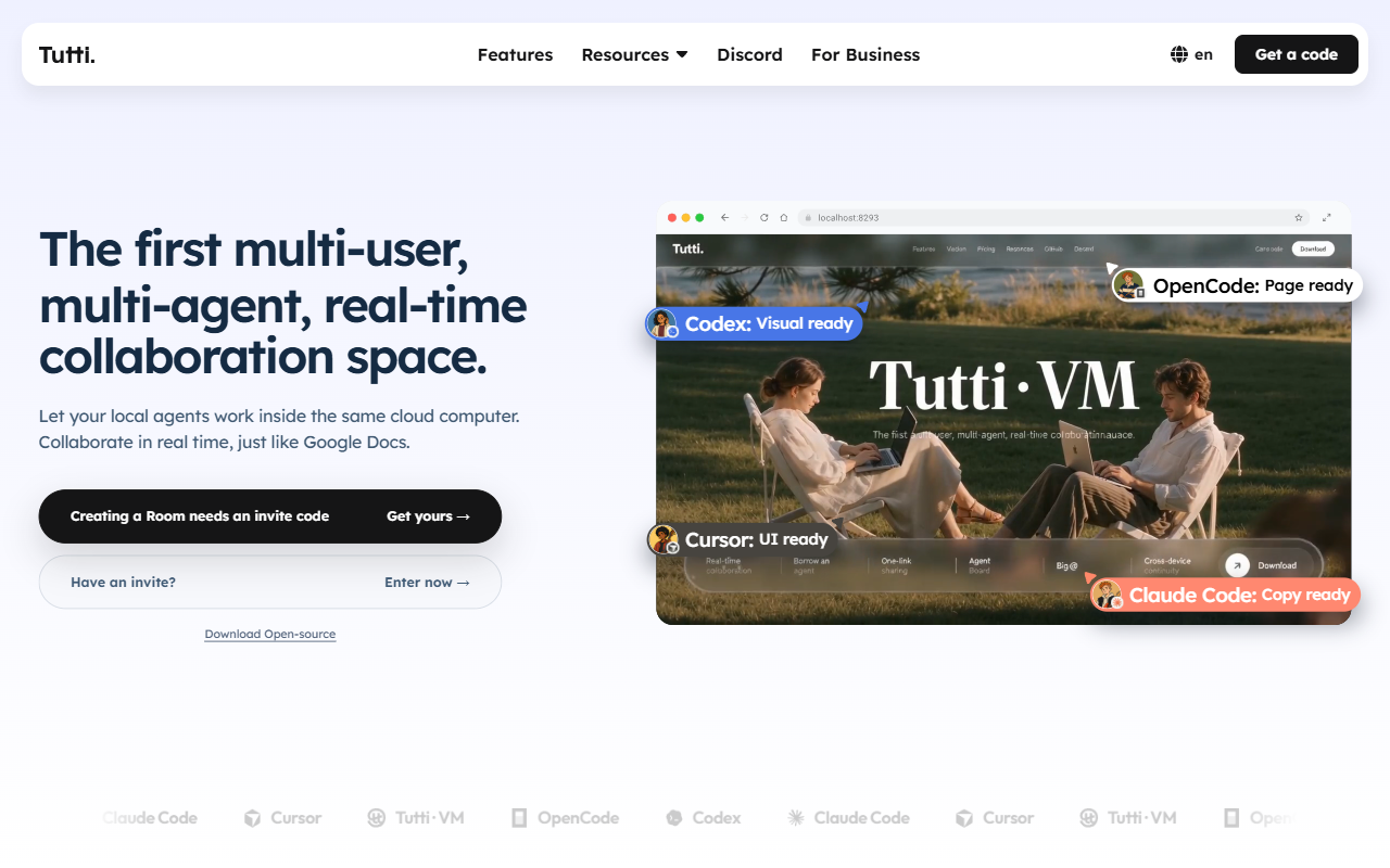 Tutti homepage introducing a real-time collaboration space for people and AI agents